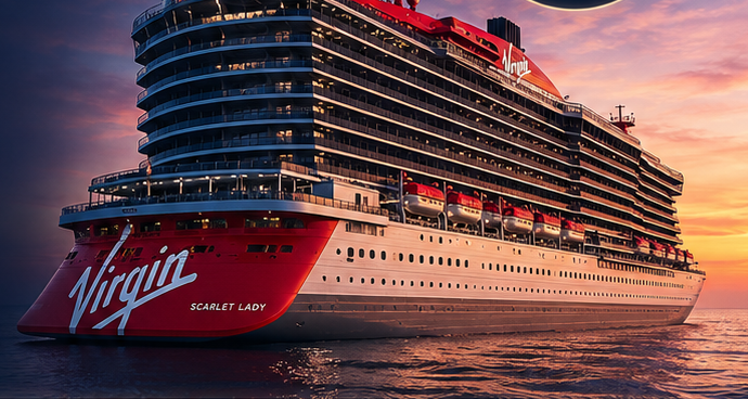 Virgin Voyages cruise ship sailing at golden-hour sunset